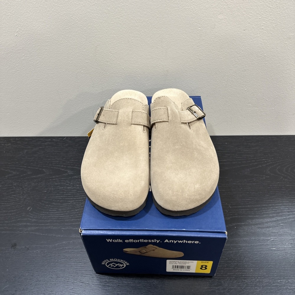 White Mountain Footbeds Women's Clog Taupe/Suede Slip On Adjustable Buckle 8 NEW - Picture 3 of 6